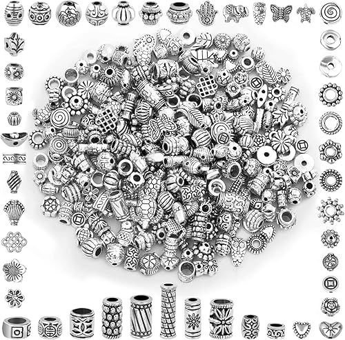 350 cuentas espaciadoras plateadas para hacer joyas, estilos aleatorios mixtos a granel cuentas de metal para pulseras, collares, aretes y