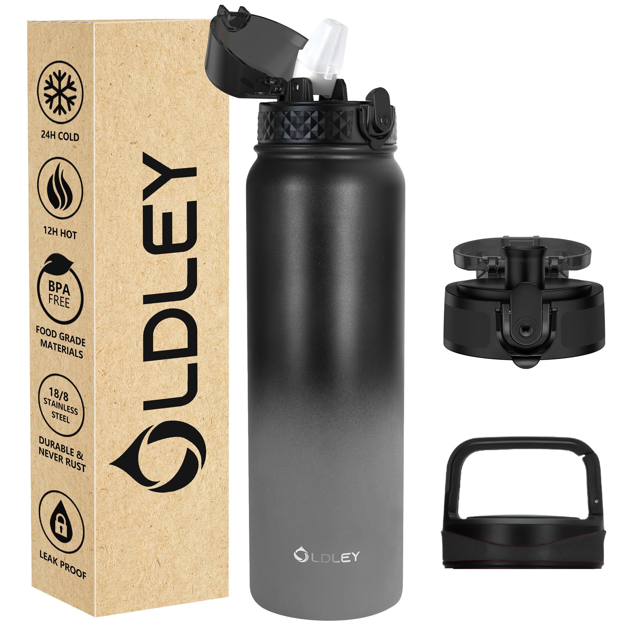 OLDLEY Stainless Steel Water Bottle with Straw 1L Vaccum Insulated Large Drink Flask Metal Water Bottles 1 Litre Leakproof Keep Drinks Hot Cold for Sports Gym with Different Lids(Black Grey