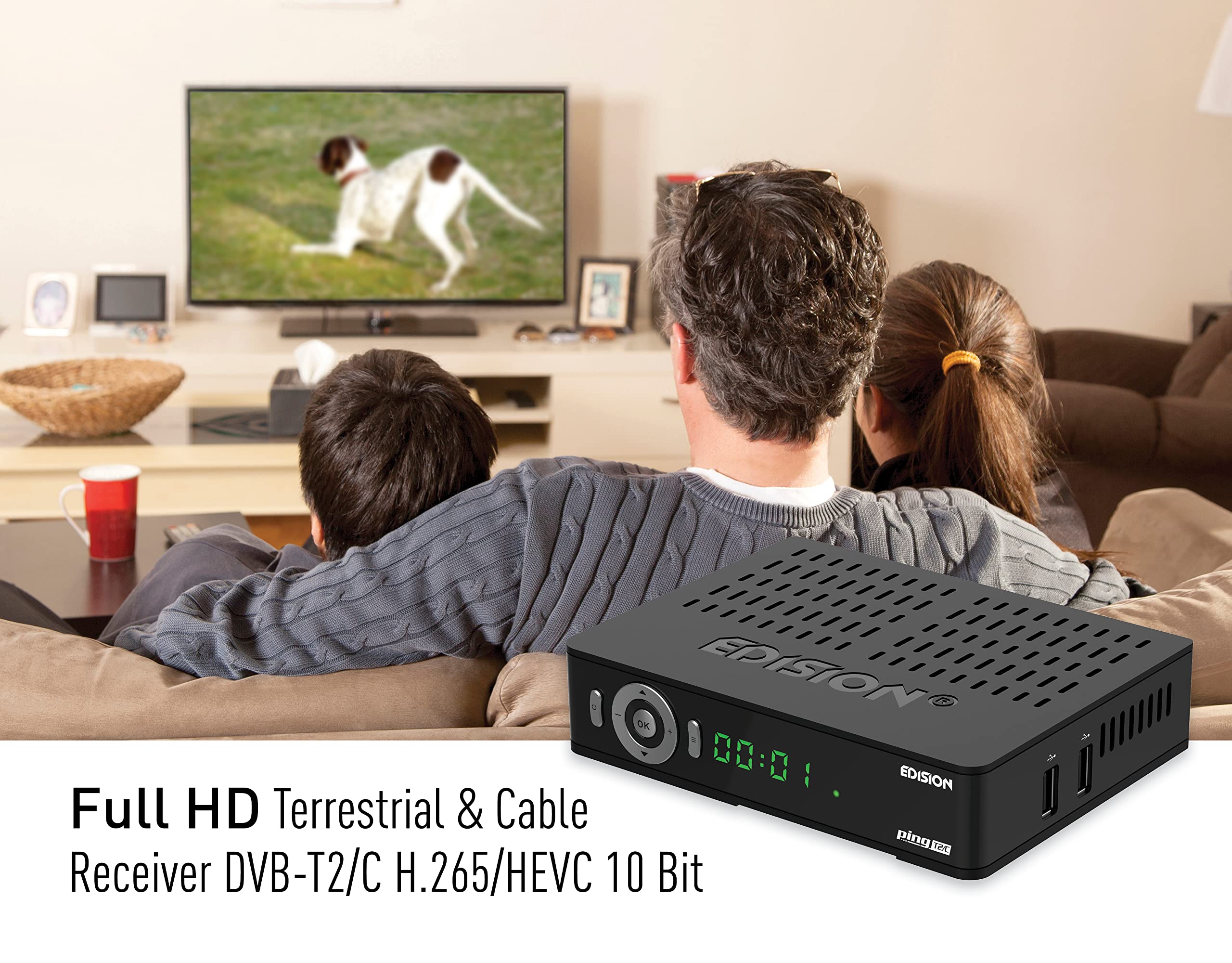 Edision Ping T2/C Receptor Terrestre TDT & por Cable DVB-T2/C H.265 HEVC Full HD PVR, 2xUSB, HDMI, SCART,LAN, S/PDIF, Sensor IR, RS232, Soporte USB WiFi, Mando a Distancia Universal 2en1, Negro