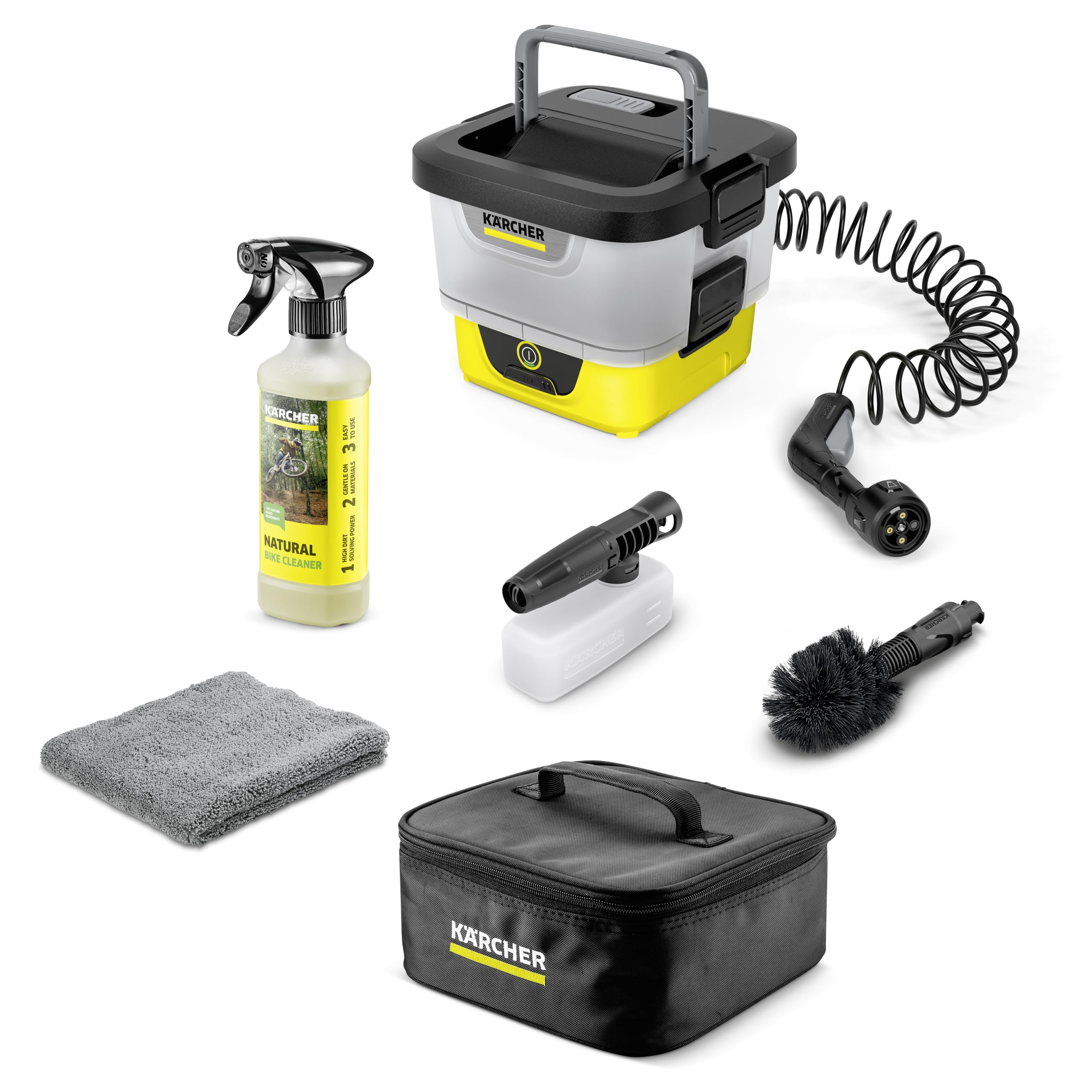 Kärcher Limpiador exterior móvil OC 4 Bike Kit, Caudal: 2 l/min, Peso: 3,1 kg, depósito de agua: 8 L, batería de iones de litio, manguera en espiral, filtro de unidad, cepillo universal, Multi Jet 4