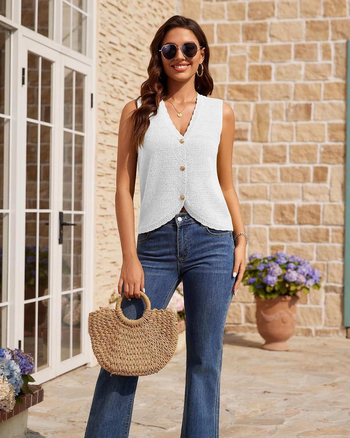 Crochet Vest Tops for Women Sleeveless V Neck Sweater Vest Knit Button Down Tank Top Summer Beach Vacation Resort Wear