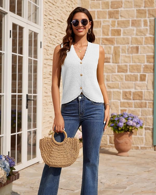 QILORA Crochet Vest Tops for Women Sleeveless V Neck Sweater Vest Knit Button Down Tank Top Summer Beach Vacation Resort Wear White by QILORA - Used condition - Image 4