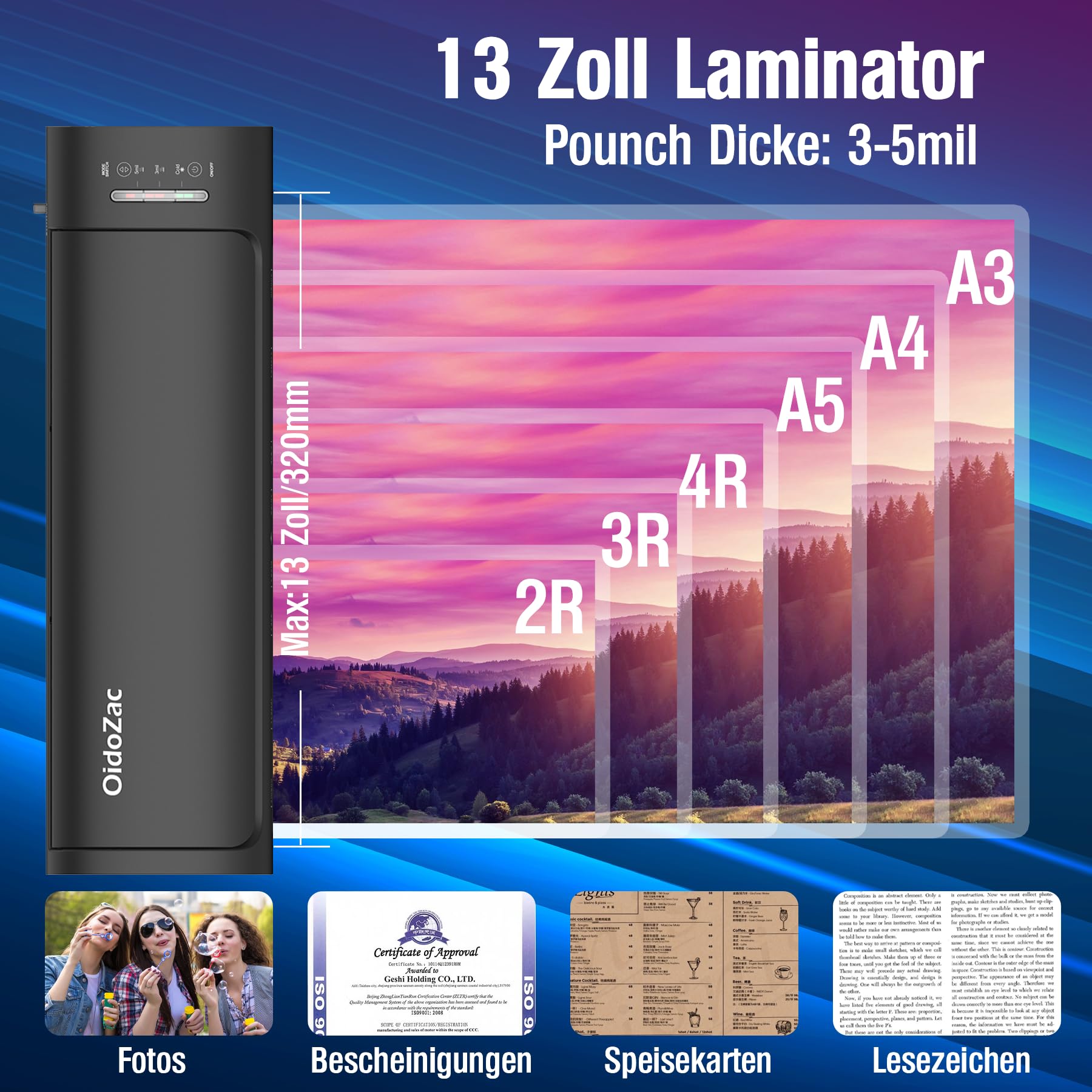 A3 Laminiergerät, 9 in 1 Heiß&Kalt Laminator mit 52 Laminierfolien | Auto Feed und 2-Rollen-System,Anti-Warp-Technologie sowie ABS Anti-Stau für Dokumente, Fotos und Bastelarbeiten