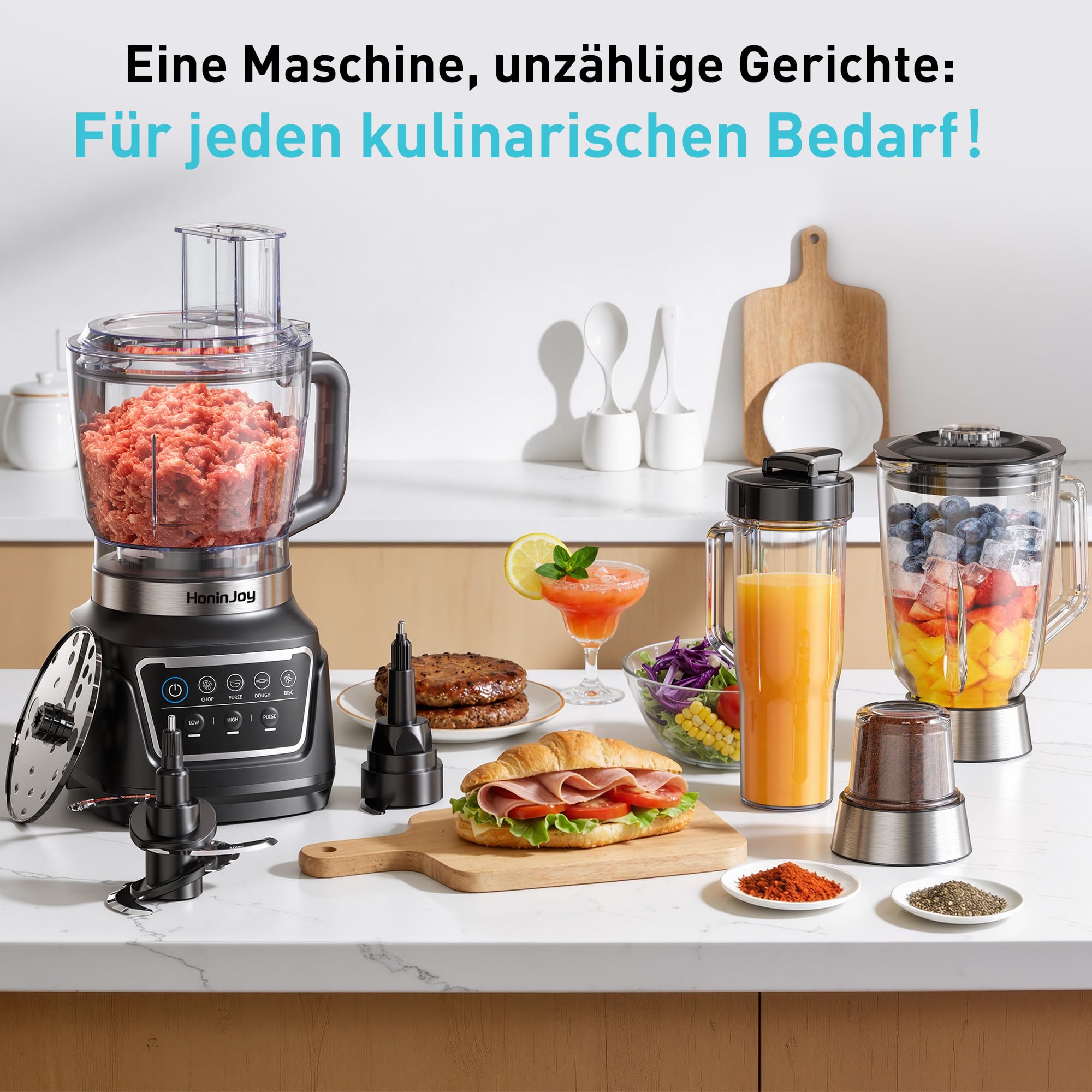 10-in-1 küchenmaschine und Mixer Kombination,1300w-Kompakt-Küchenmaschine für Schnitzel Universalmesser zum Zerkleinern von Fleisch/schneiden und raspeln/Teig/Smoothies Spülmaschinenfest