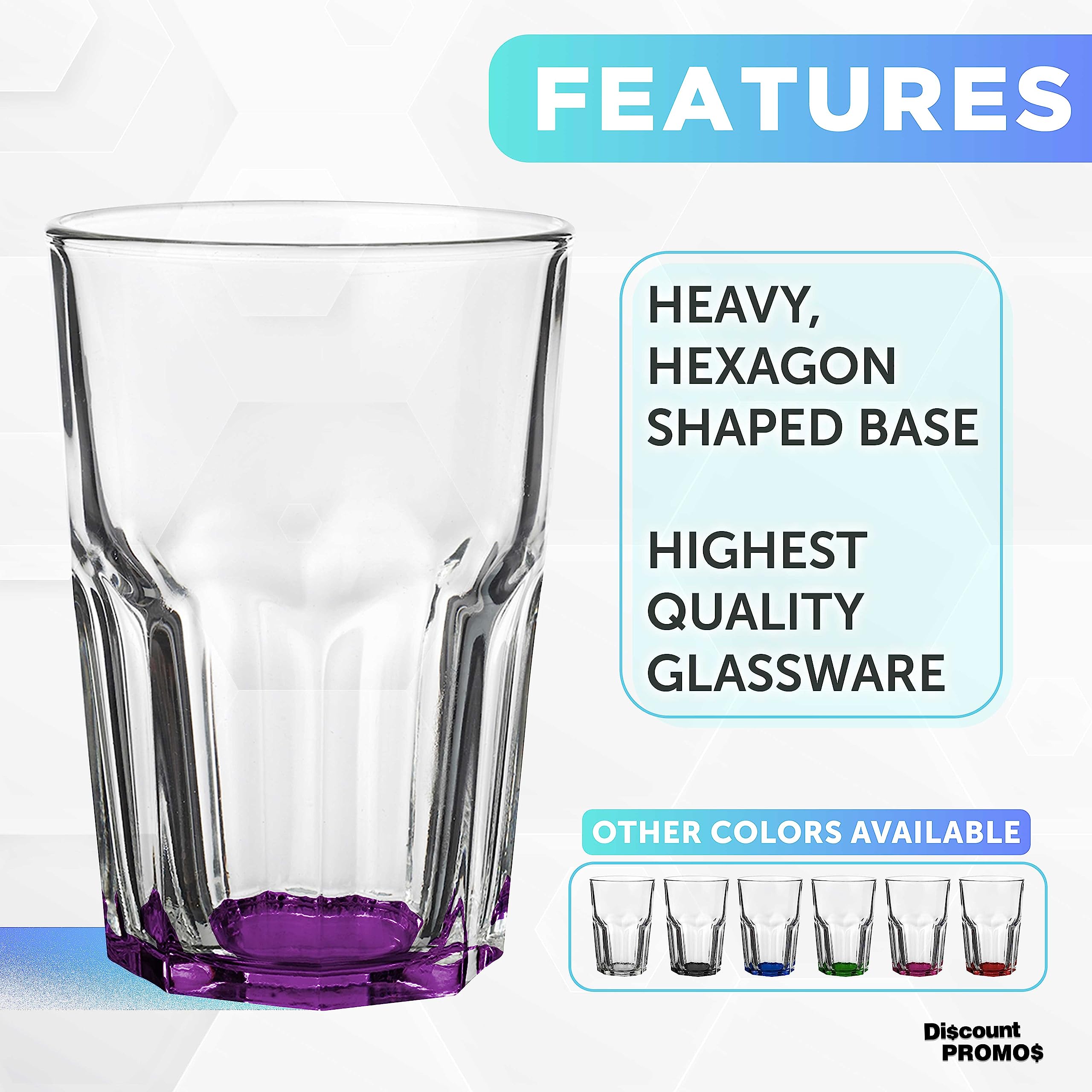 DISCOUNT PROMOS 12.5 oz. Classic Hexagon Bar Glasses, Set of 10 Glasses, Drinking Glasses for Restaurant or Bar, Purple