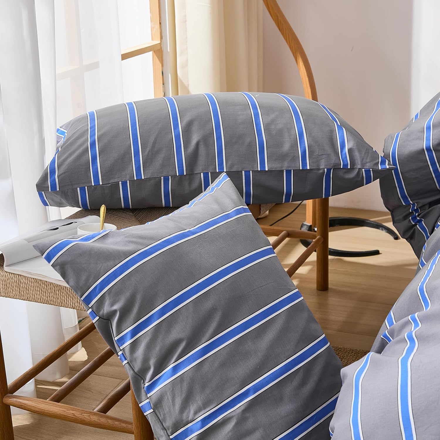 Merryword 100% Cotton Comforter Set Queen Size - Blue and Gray Striped Comforter with 2 Pillowcases, Luxury & Silky Soft Comforter Set for All Seasons