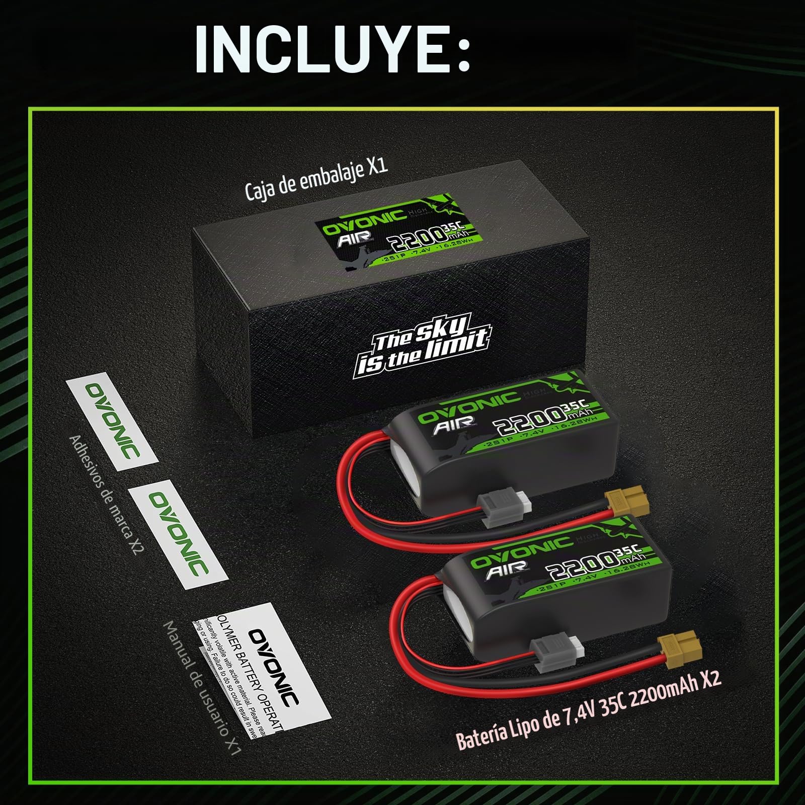 OVONIC 2S - Batería de polímero de litio (35 C, 2200 mAh, 7,4 V, con conector XT60, para helicóptero de avión teledirigido 1:14, 2 unidades)