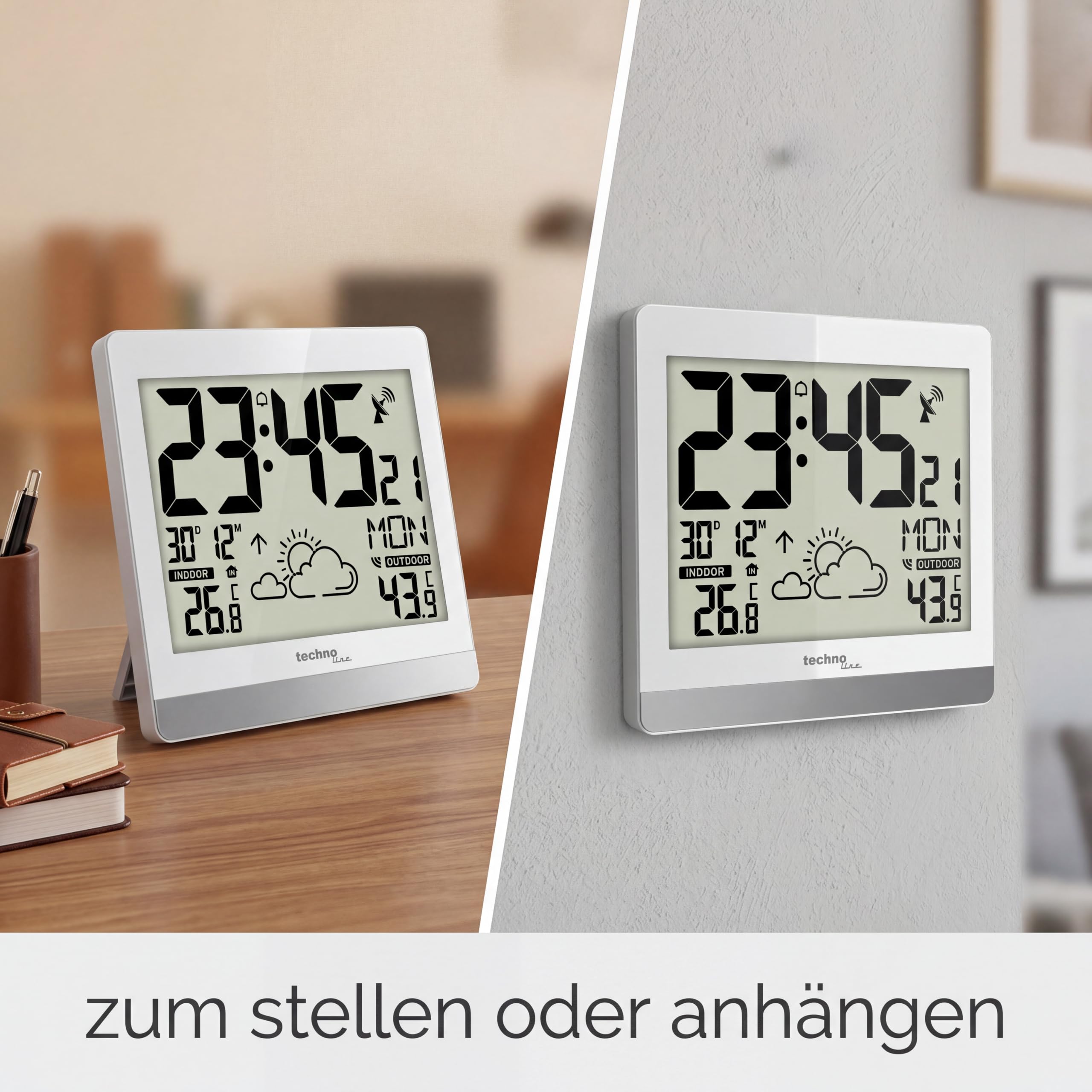 cyfrowy zegar ścienny technoline WS8119 sterowany radiowo z wyświetlaczem temperatury i prognozą pogody