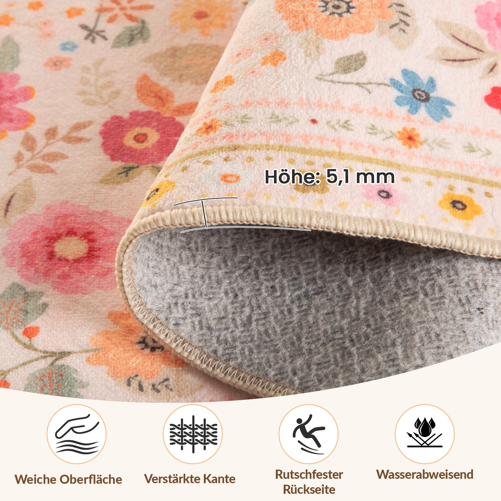 INOVADAY Waschbarer Teppich 90x150 cm Boho Stil Kurzflor rutschfest Blumen Print Design Teppich für Wohnzimmer Schlafzimmer Esszimmer Büro Kinderzimmer Rosa/Beige - 2