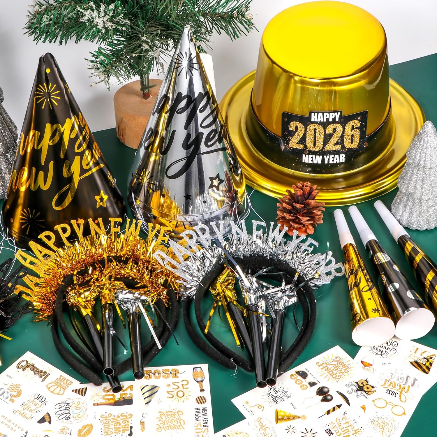 Atonofun 2026 New Years Eve Party Supplies for 24 Guests, 60 Pcs New Year Eve Party Hats and Horns, Headband, Tattoos, Blowouts 2026 New Year Party Favors - Image 3