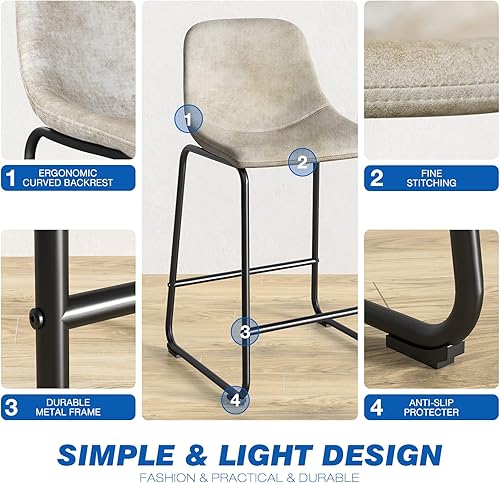 Miniatura 13 de Rfiver Taburetes de bar de piel sintética de poliuretano, juego de 2, taburetes industriales con respaldo y reposapiés, sillas modernas sin brazos