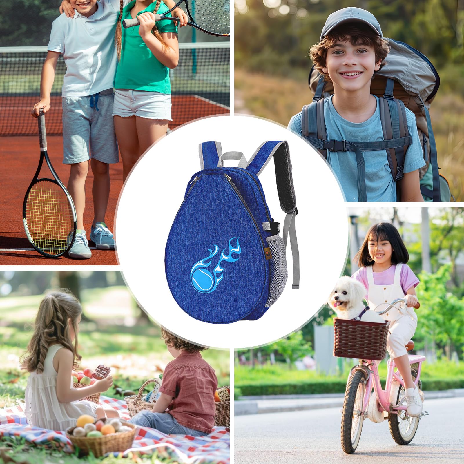 harayaa Kids Tennis Racket Bag Organizer Duffle Bag Pickleball Paddles Sac à dos Sac de transport pour bouteille d'eau, Badminton Paddle, garçons filles, bleu profond