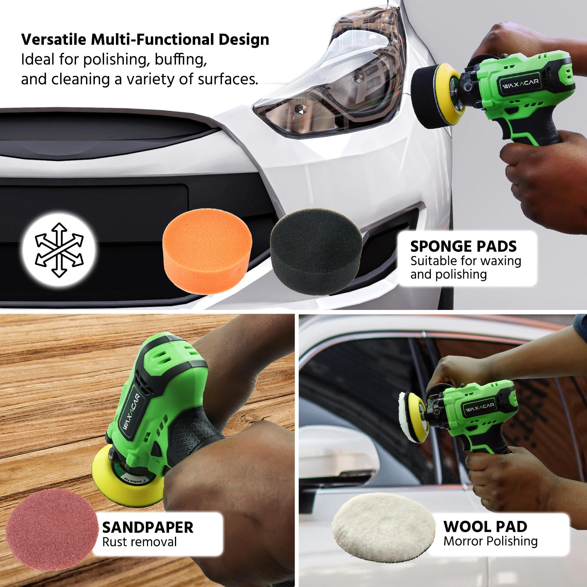 Mini kit de pulidora inalámbrica para coche con 2 ajustes de velocidad, juego de detalles de pulido de búfer alimentado por batería de 12 V, incluye espuma plana, papel de lija y almohadillas