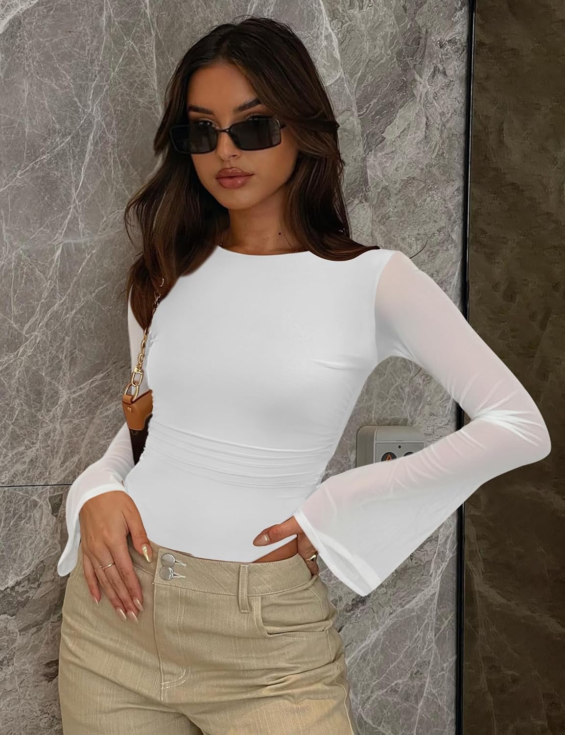 SAUNGKUAI Women's Bodysuits Backless Bell Sleeve Mesh Ruched Bodysuit Boat Neck Open Back Going Out Tops - Image 3