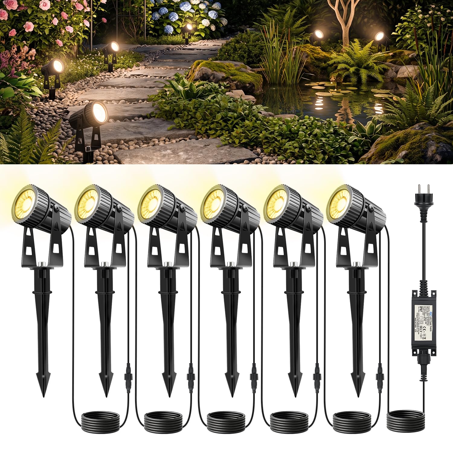 6 focos de jardín LED de luz de jardín, blanco cálido, foco led exterior con clavija de tierra, iluminacion para exterior, árbol de césped, 24V 20W IP65