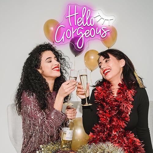 Miniatura 4 de Letreros de neón con texto en inglés "Hello Gorgeous para decoración de pared, 13.8 x 13.8 pulgadas, letrero de luz rosa para boda, decoración de