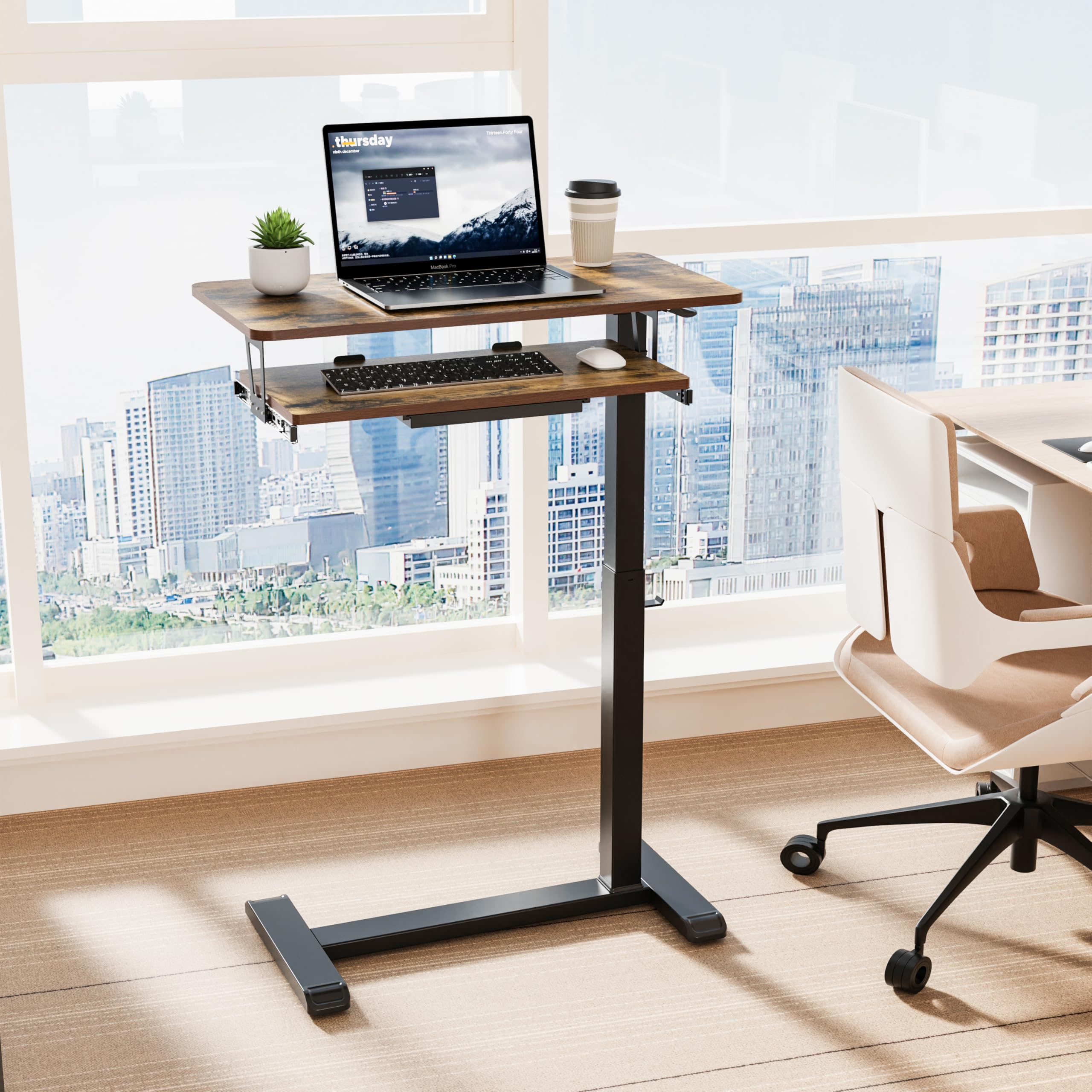 ETHU Station de Travail Informatique Mobile à Deux Niveaux 77×45 cm avec 4 roulettes, Support Ordinateur Portable sur Roues, Bureau Debout Réglable en Hauteur, Table d'Appoint pour Salon, Chambre
