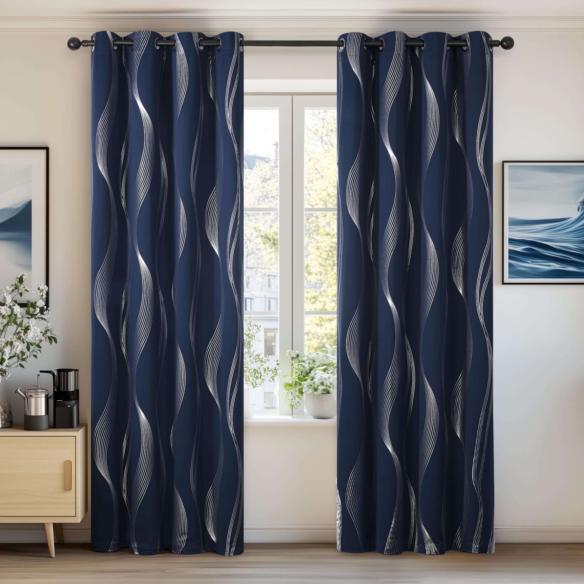 Deconovo Navy Blue Blue Curtains Silver Wave Line Foil Printed Blackout Curtains Thermal Insulated Eyelet Curtains For Kids Bedroom 52 X 63 Inch 2 Panels
