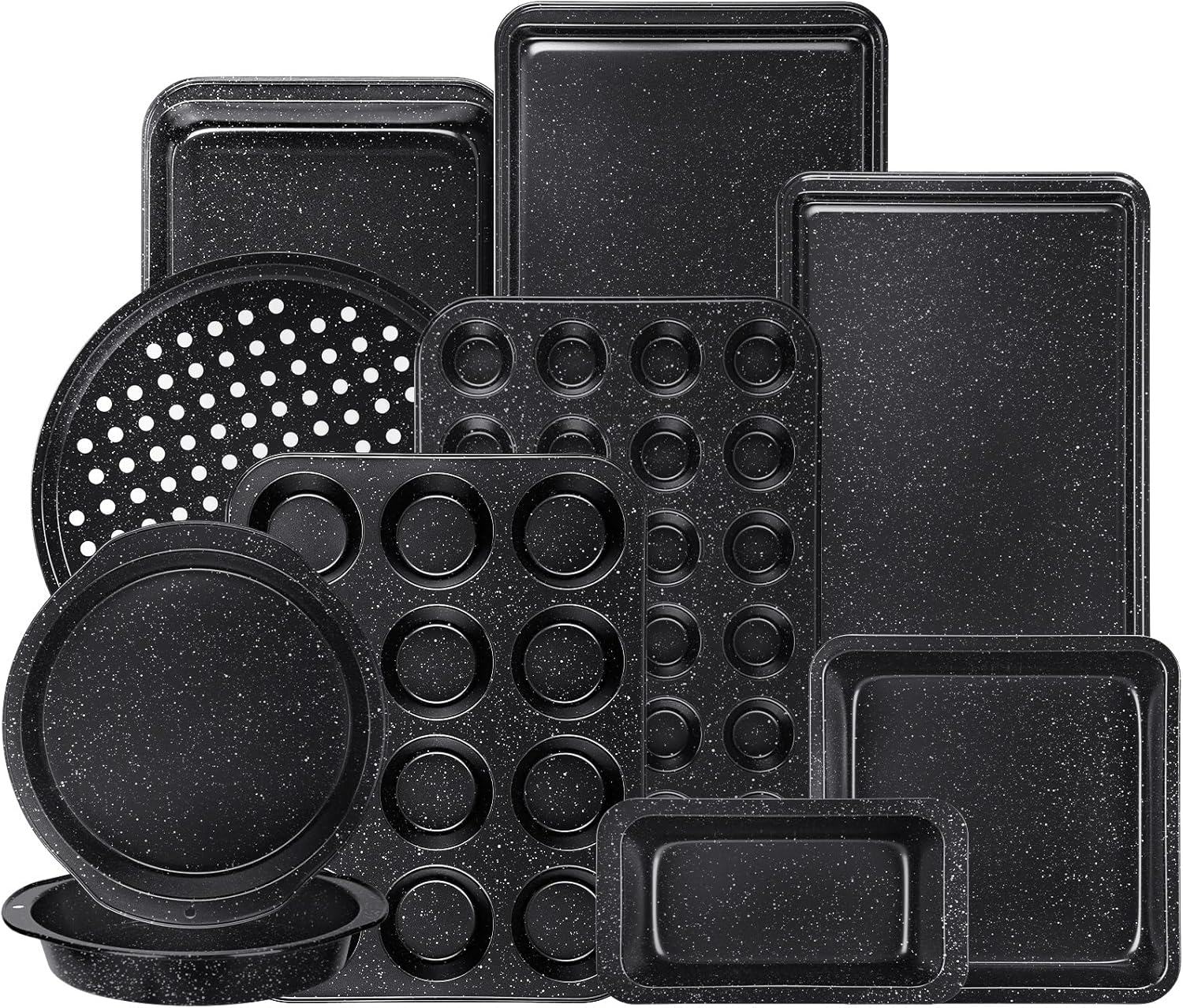 10-Piece Baking Pans Set, Bakeware Sets Nonstick, Baking Set for Oven Cooking, Stackable Carbon Steel Set Include Cookie Sheets, Muffin Pan, Cake Pan, Pizza Pan, Loaf Pan, Roasting Pan, Black 10-Piece Baking Pans Set, Bakeware Sets Nonstick, Baking Set for Oven Cooking, Stackable Carbon Steel Set Include Cookie Sheets, Muffin Pan, Cake Pan, Pizza Pan, Loaf Pan, Roasting Pan, Black