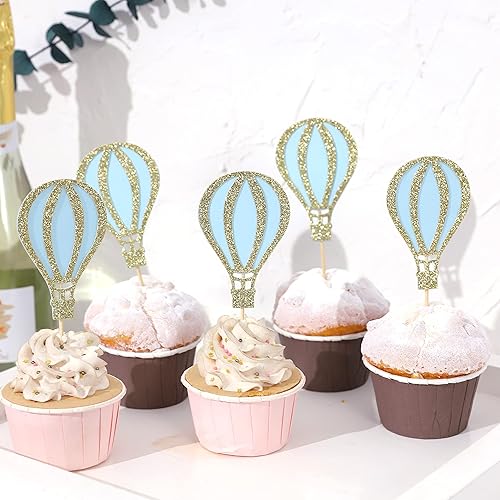 12 globos de aire caliente para cupcakes, decoración de cupcakes con purpurina, decoraciones de baby shower, suministros de fiesta de cumpleaños,