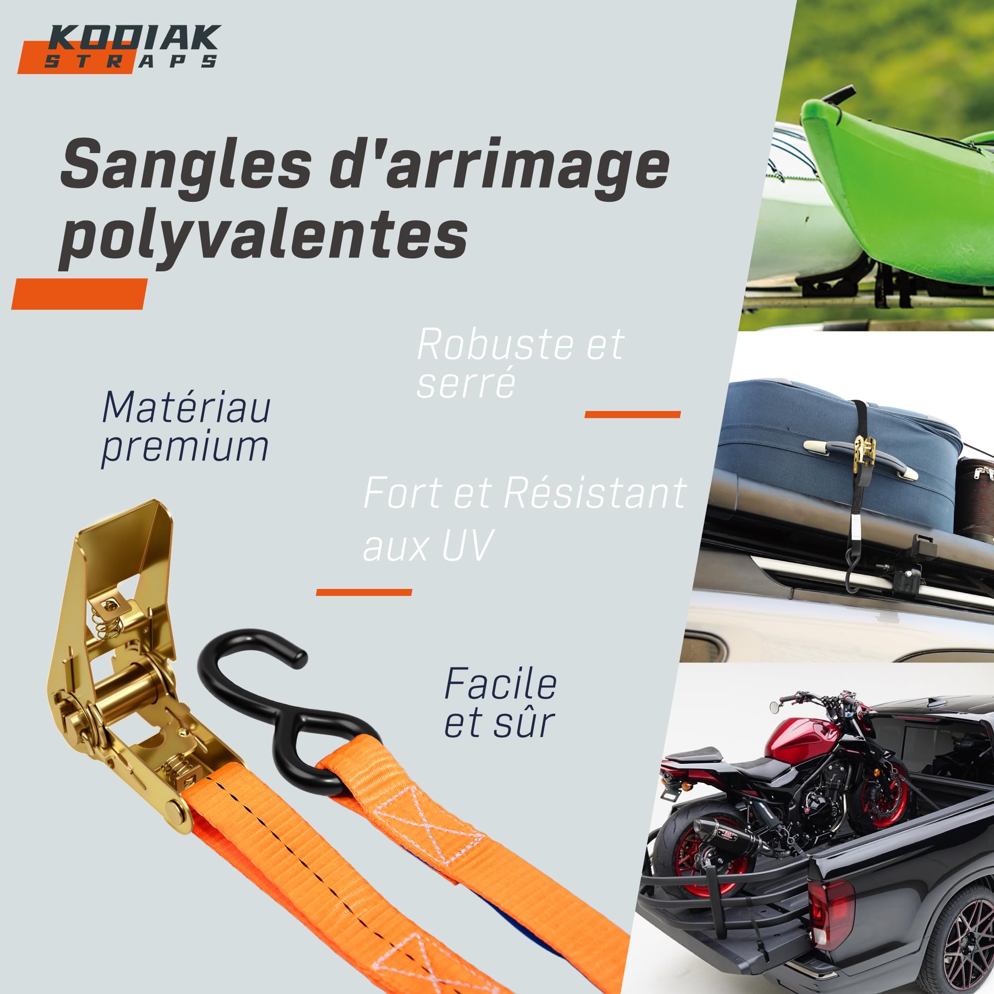 10 Lots de Sangles à Cliquet 6m x 800kg avec Crochets en S - Sangles d'Arrimage 25mm Orange pour Sécurisation de Chargement - Certifié TÜV/GS Selon la Norme DIN en 12195-2 - KODIAK STRAPS