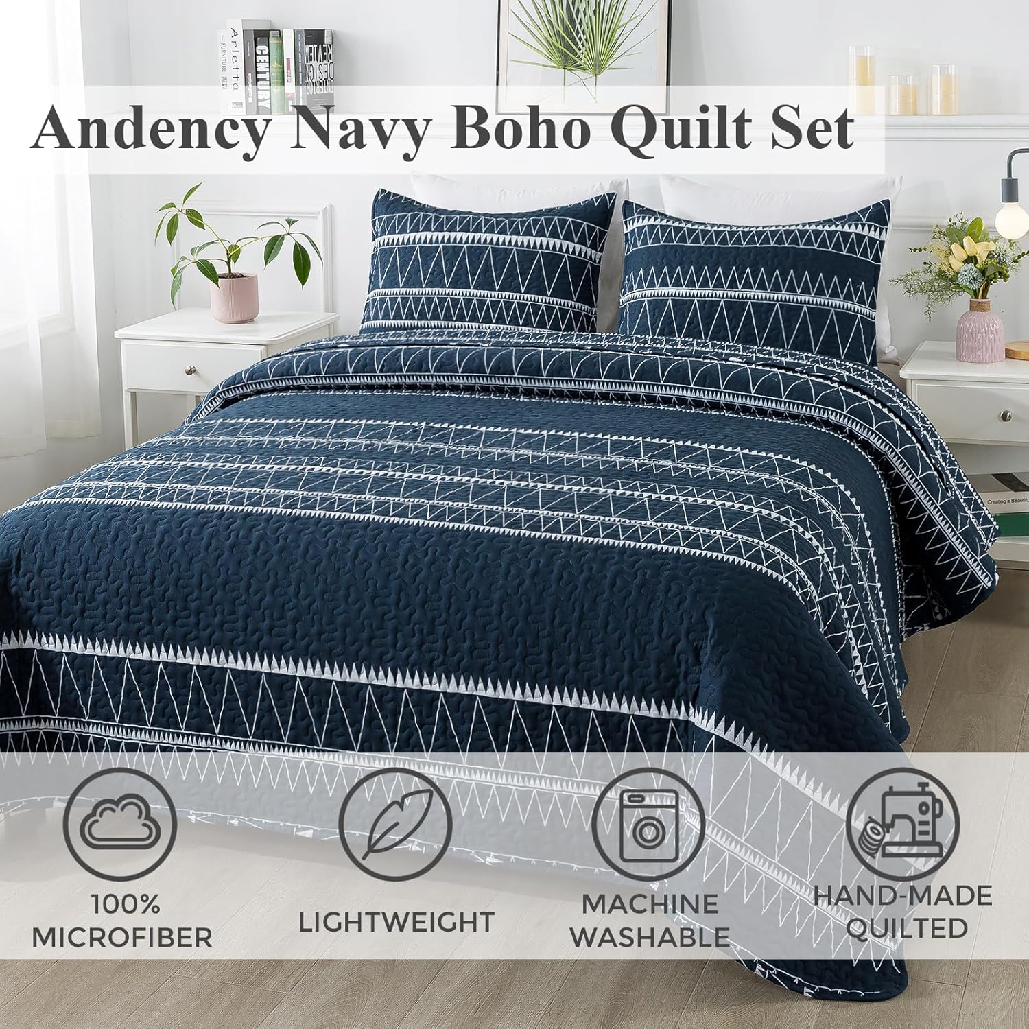 Andency Navy Oversized Super King Plus Quilt Set, 3 Pieces Boho Lightweight Soft Striped Bedspread for All Season (128"x120"), Printed Bohemian Microfiber Reversible Coverlet Comforter Sets 02 - Navy Super King Plus (128*120 in)