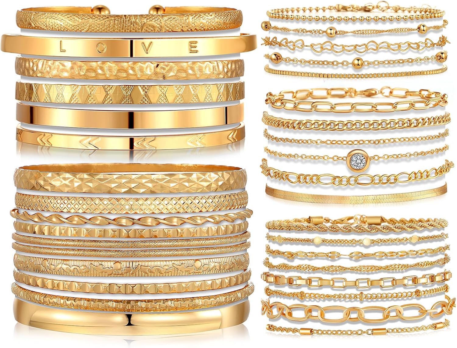 IFKM 6-Pack Boho Gold Chain Bracelets for Women - 24PCS 14K Gold Plated Stackable Layered Cuff Wrap Bangles, Adjustable Cuban Link Jewelry Gift