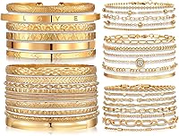 IFKM 6-Pack Boho Gold Chain Bracelets for Women - 24PCS 14K Gold Plated Stackable Layered Cuff Wrap Bangles, Adjustable Cuban Link Jewelry Gift