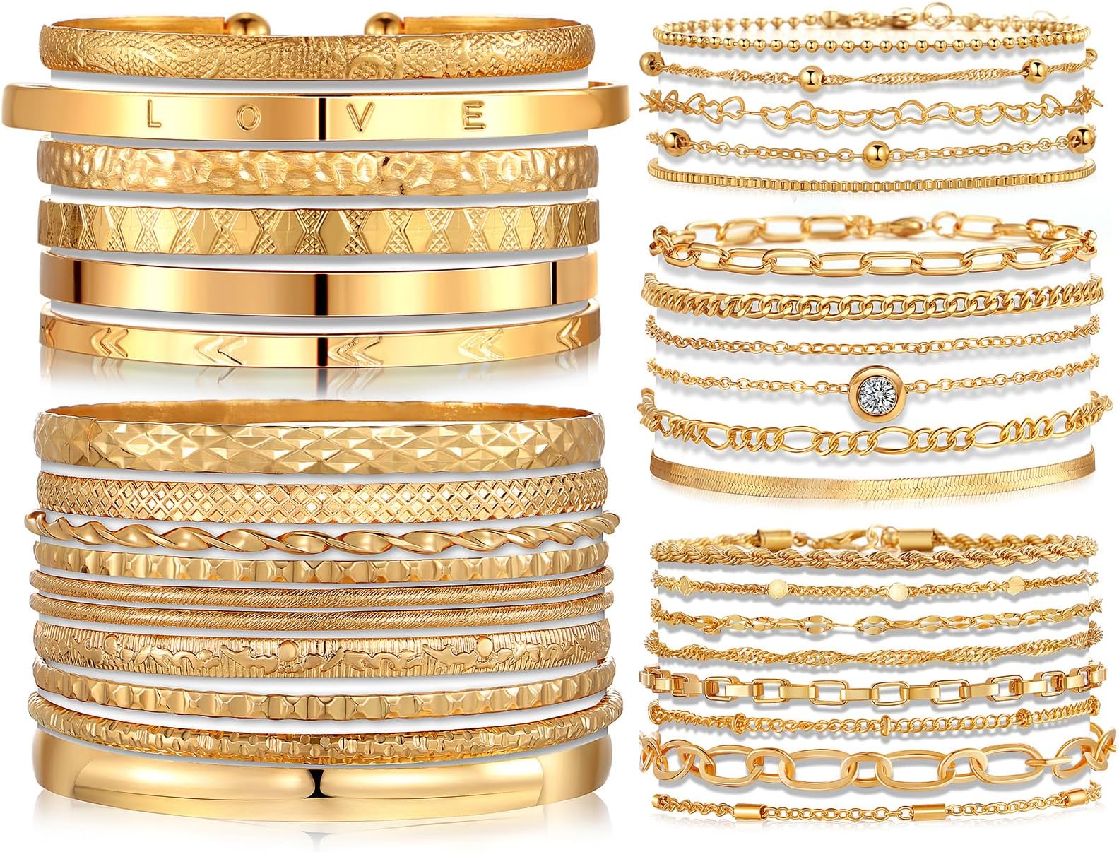 6 PACK (24 PCS) Boho Gold Chain Bracelets Set for Women, 14K Gold Plated Multiple Layered Stackable Open Cuff Wrap Bangle Adjustable Link Italian Cuban Jewelry for Women Gift