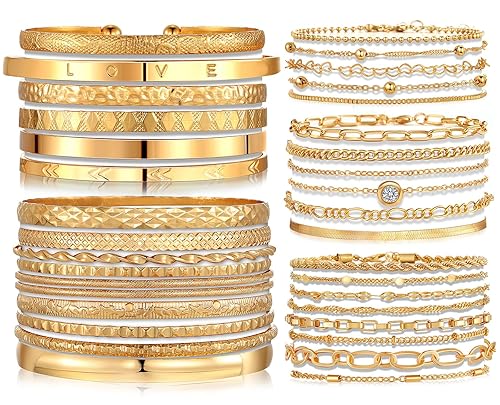 IFKM 6 PACK (24 PCS) Boho Gold Chain Bracelets Set