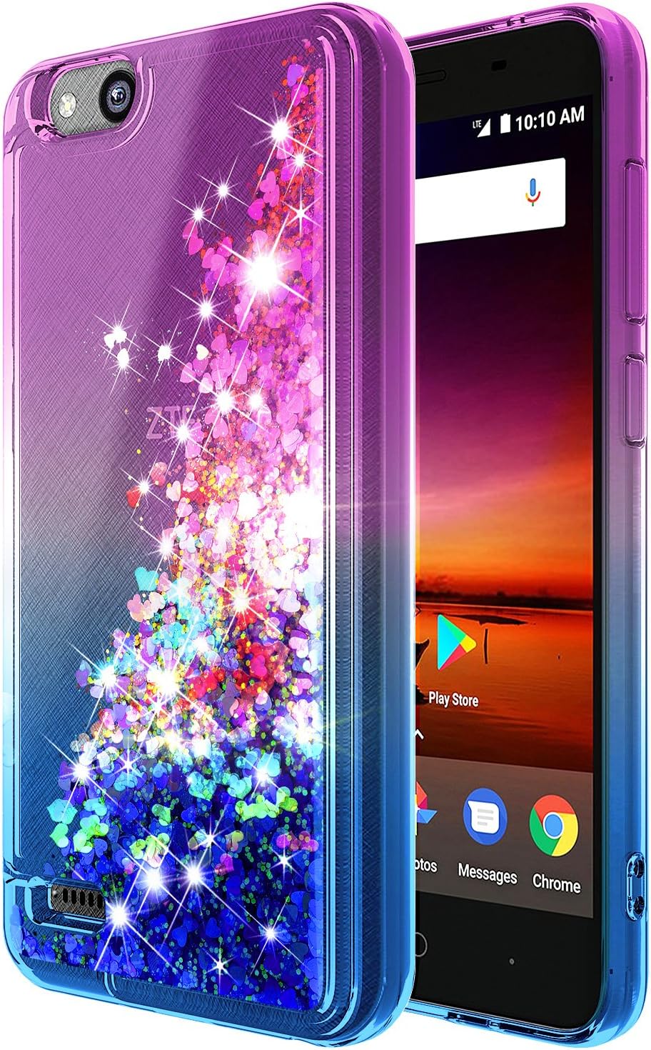 ZTE Glitter Liquid Quicksand Case Compatible ZTE Blade Vantage/Fanfare 3 /Avid 4 /Tempo X/AVID (557)/ZFive G/ZFive C LTE (Z557BL,Z558VL)/Tempo GO w/[Tempered Glass Screen Protector]-Purple/Blue