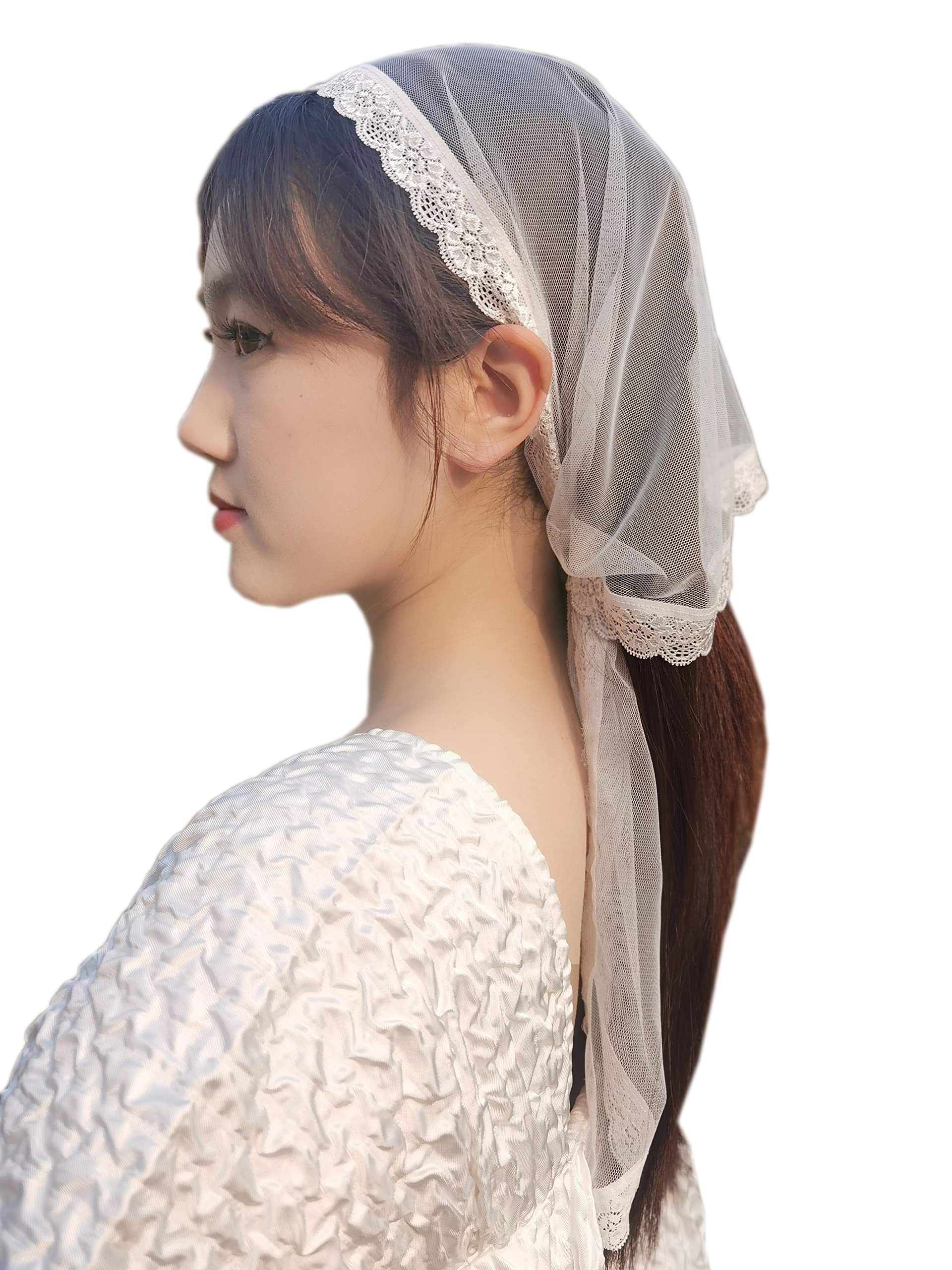 YuRongsxt Triangle Chapel Veil Mantilla Lace Headcovering Catholic Latin Mass M15, Ivory, Large