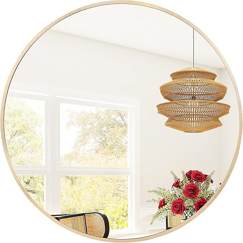 Golden State Art, Espejo redondo dorado de 20 pulgadas, espejo circular enmarcado de latón de aluminio, espejo de tocador circular, espejo colgante
