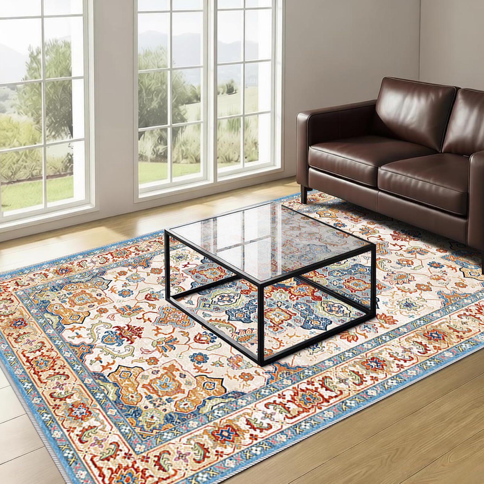 Dywan do salonu w stylu vintage, 180 x 210 cm dywaniki do sypialni, salonu, sypialni, kuchni, jadalni, duży dywan z krótkim włosiem, dywan do jadalni, antypoślizgowy zmywalny dywanik kuchenny