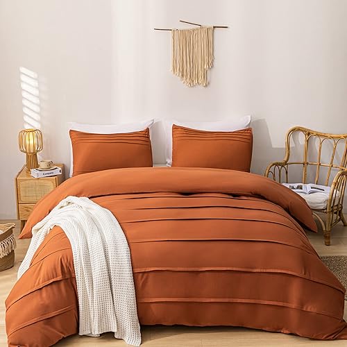 Smoofy Funda de edredón terracota tamaño Queen funda de edredón plisada naranja quemado suave juego de ropa de cama Queen delgado y ligero fundas de