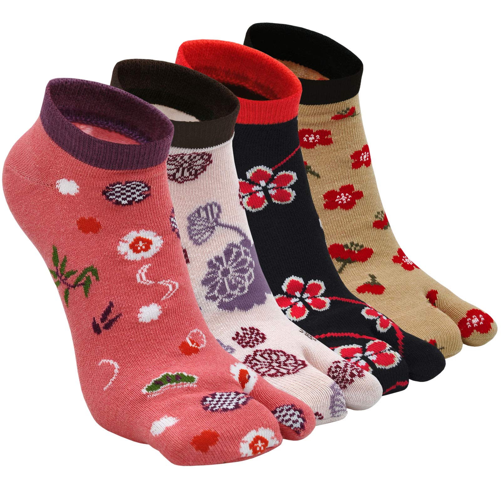 Chaussettes Japonaises Tabi Femme Coton Chaussettes Tong Flip-Flop Sabots Tabi Socks Fantaisie Chaussettes 2 Orteil à motif Sakura, Taille 35-41, 4 Paires