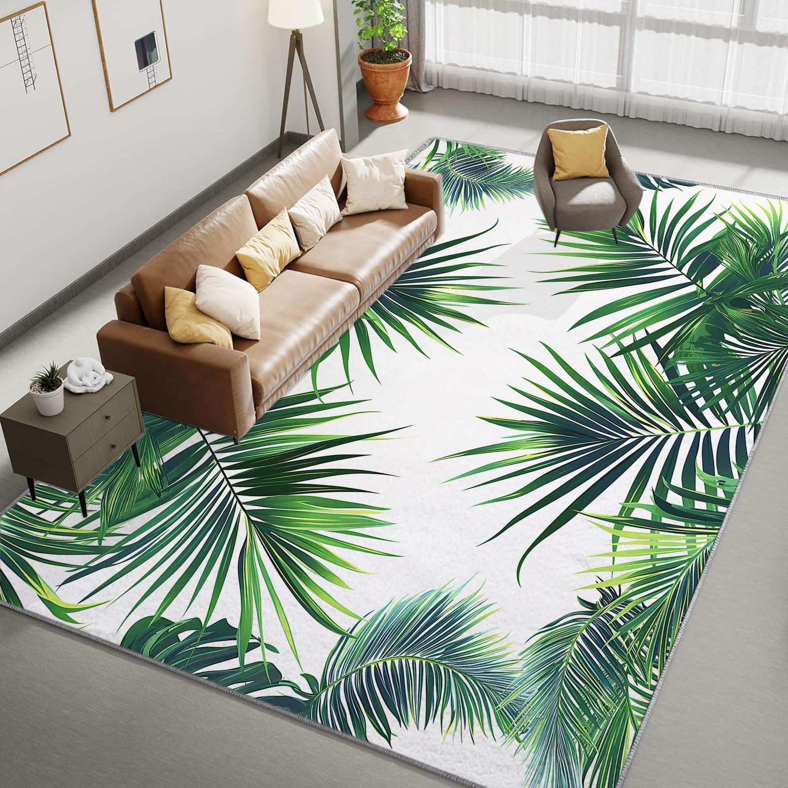 Tapis Salon Chambre Feuilles De Palmier Vertes 140x200cm Doux Antidérapant Tapis Intérieur, Lavable en Machine, pour Chambre Adulte Salle à Manger Cuisine Bureau