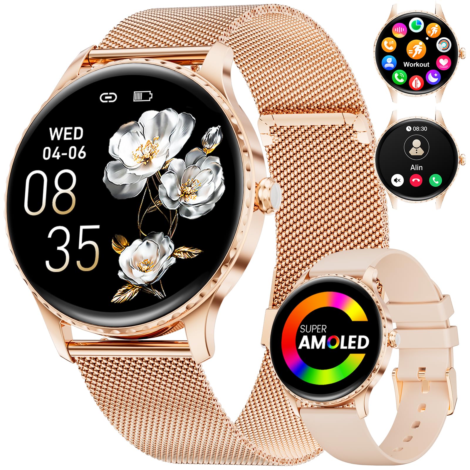 Reloj Inteligente Mujer Redondo,1.32"Amoled/Llamadas Bluetooth,SmartWatch Mujer con Función Femenina/Monitor de Sueño/24H Pulsometro,110+ Deportes/IP68 para iOS Android (Malla de oro rosa)