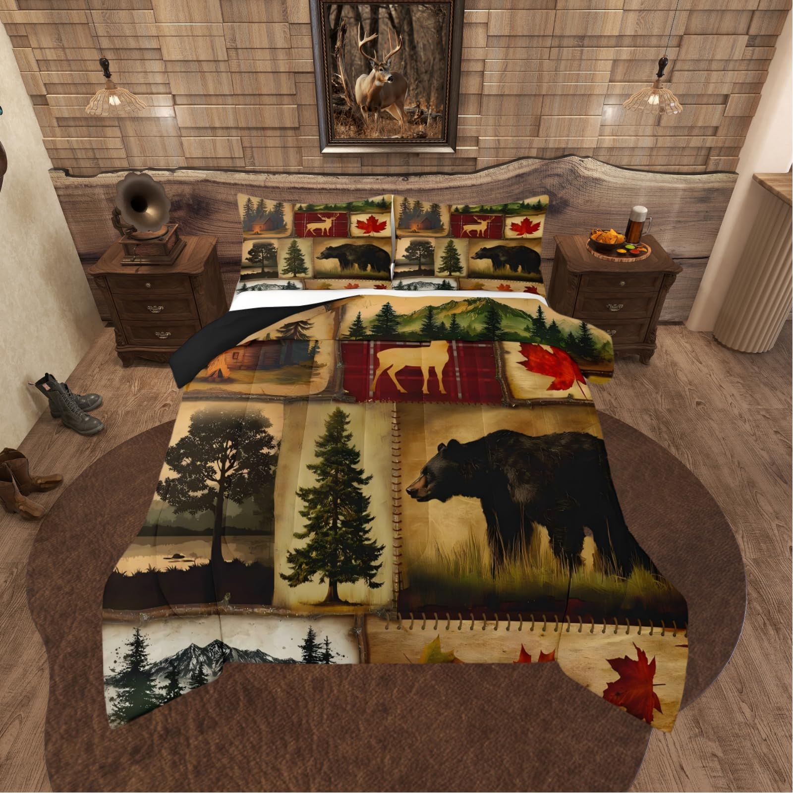 Rustic Farmhouse Bedding Comforter Sets Twin Size, Retro Cabin Lodge Bedding Sets, Hunting Bear Deer Comforter Set, Country Maple Leaves Duvet Insert,