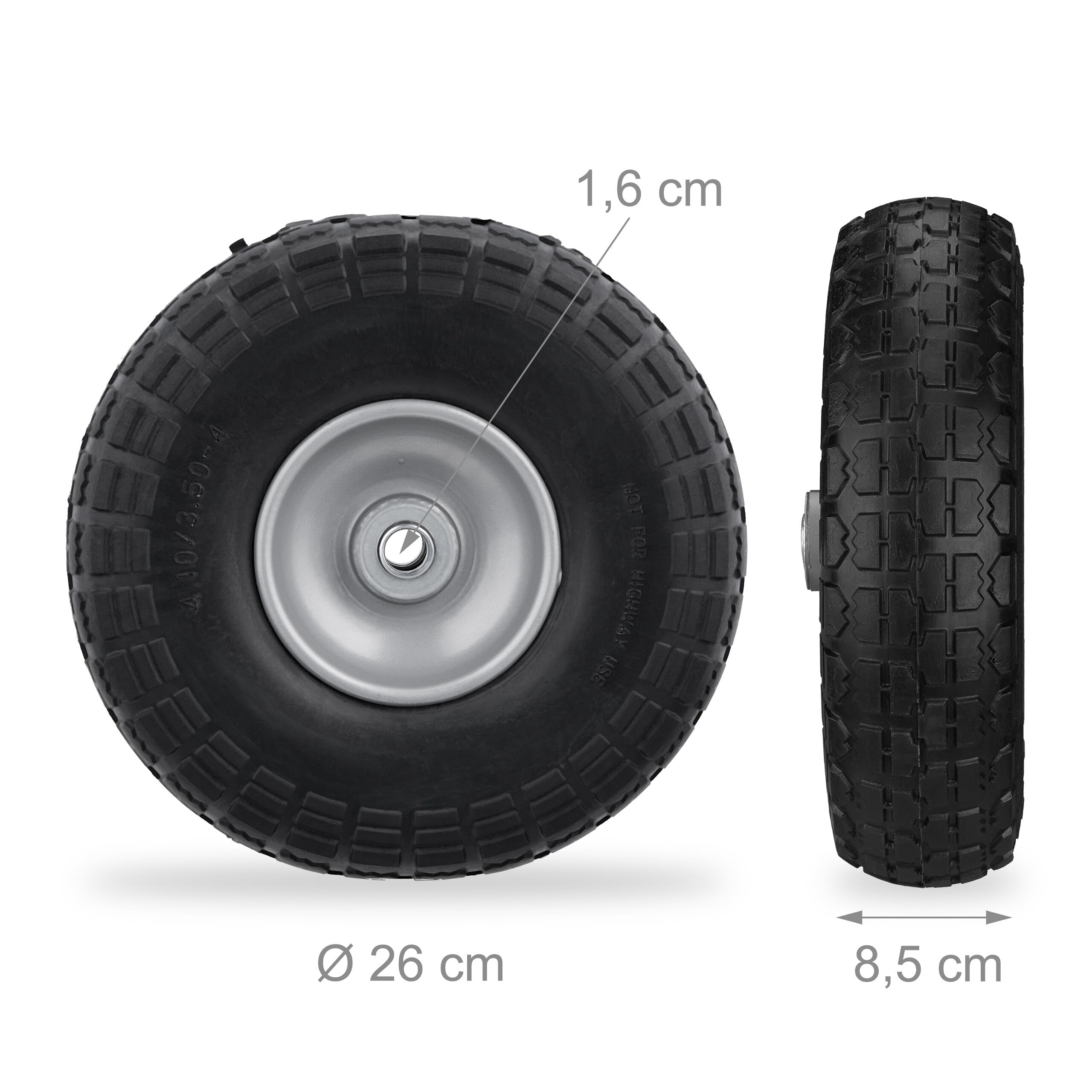 Relaxdays Lot de 4 Roues de Chariot, Caoutchouc, 4.10/3.50-4", Jantes en Acier, Jusqu’à 150 kg, 260x85 mm, Noir - Gris