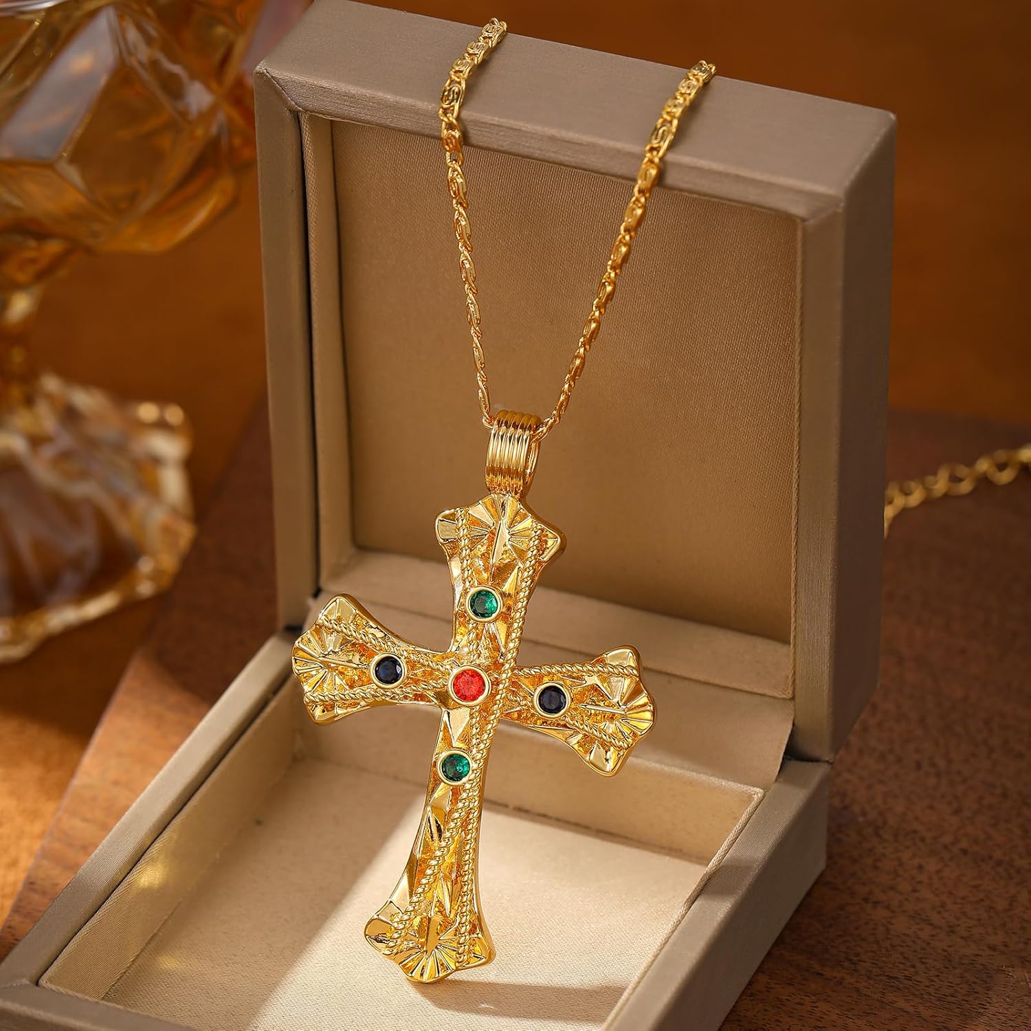 Luxurious Gold-tone Plated Cross Necklace with Multi-Colored Faux Gemstones - Filigree Design with Adjustable Chain - Elegant Gifts for Religious Occasions