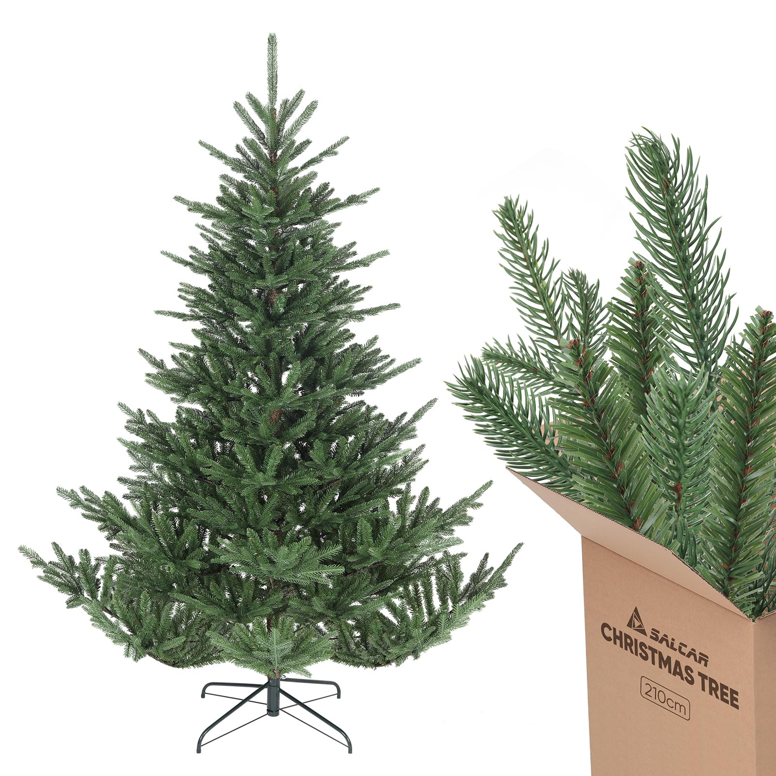 SALCAR Sapin de Noël Artificiel 210 cm avec éléments en Injection réalistes, Montage Rapide grâce au système Parapluie Pliant, Sapin Artificiel