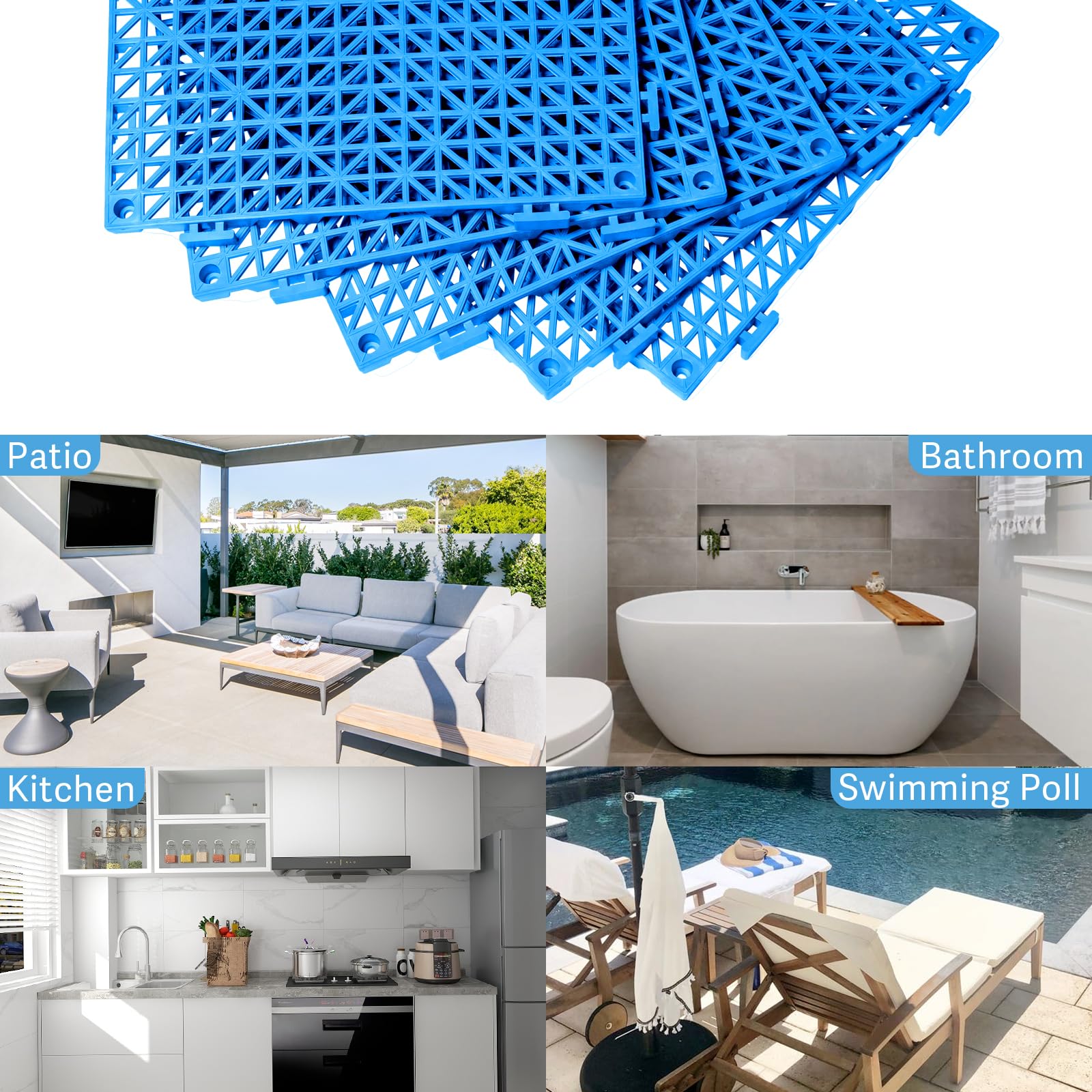 Lot de 8 dalles de sol emboîtables pour drainage de piscine, tapis de sol en PVC souple avec trous pour douche, sous-sol, garage, abri de jardin - Bleu