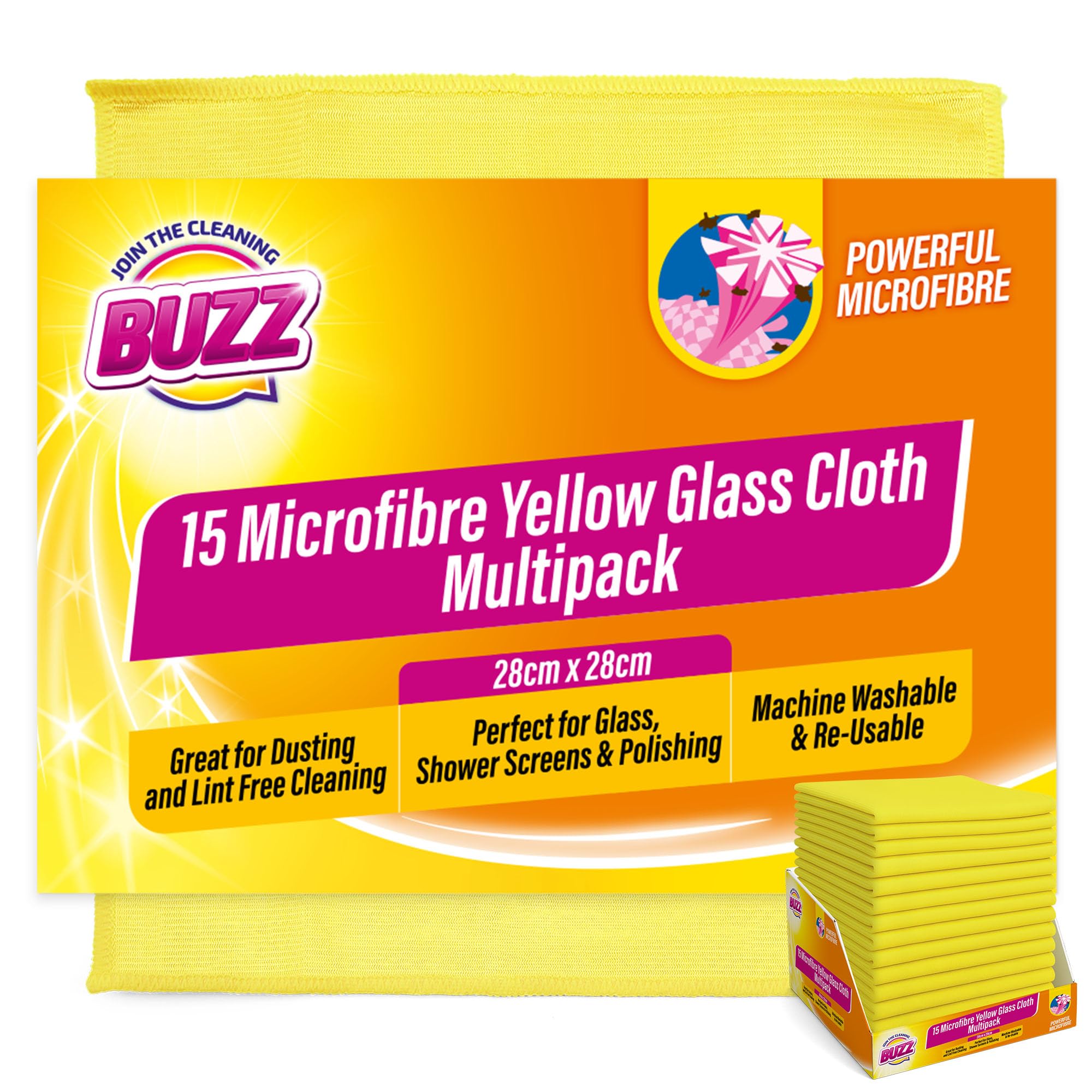 Buzz 15pk Microfibre Yellow Glass Cloth Multipack, Lint Free Cloth Reusable Yellow Dusters for Polishing Glass Bathroom Streak-Free Cleaning Home, Car Multisurface Duster Cloth for Furniture & Windows