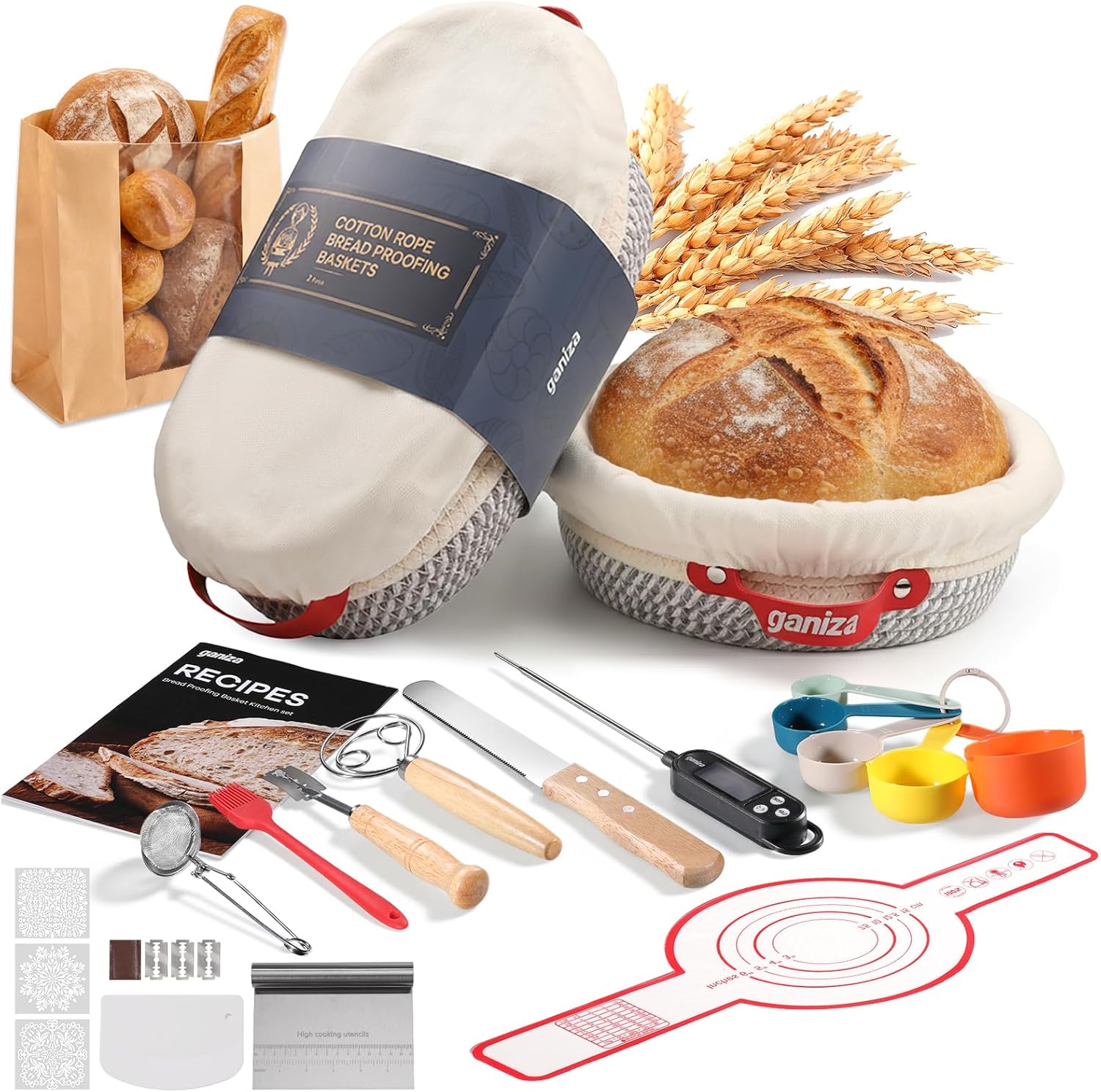 Ganiza Sourdough Starter Kit, Cotton Rope Sourdough Bread Baking Supplies, 9'' Round & 10'' Oval Banneton Basket with Liners & Covers, Sourdough Proofing Basket Kit Gifts for Bakers Women Wife Mom