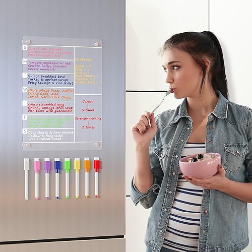 Miniatura 2 de Planificador de comidas de acrílico, tablero magnético de menú para refrigerador de cocina con 8 marcadores, refrigerador transparente, calendario