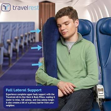 travelrest All-in-One Travel Neck Support & Body Pillow - Airplane Pillow for Long Flight Comfort, Travel Essentials, Sleeping Accessories, Memory Foam, Headrest Support Seat for Car (Blue)
