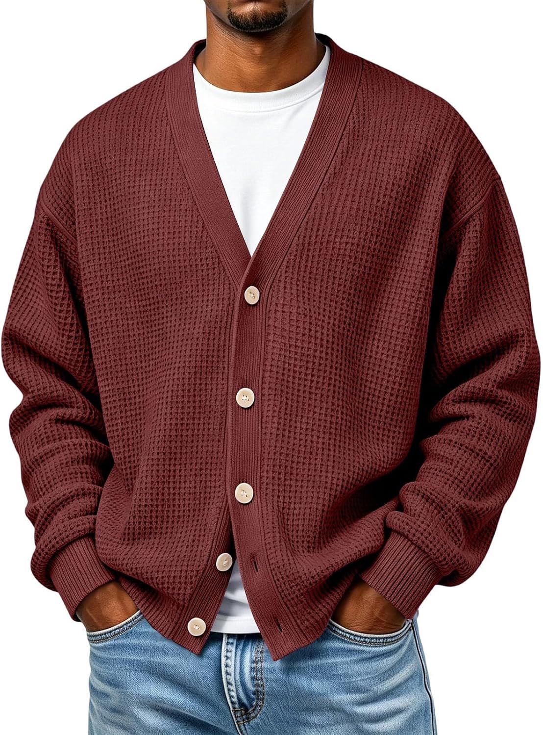 Men's Waffle Cardigan Jacket Button Down V Neck Loose