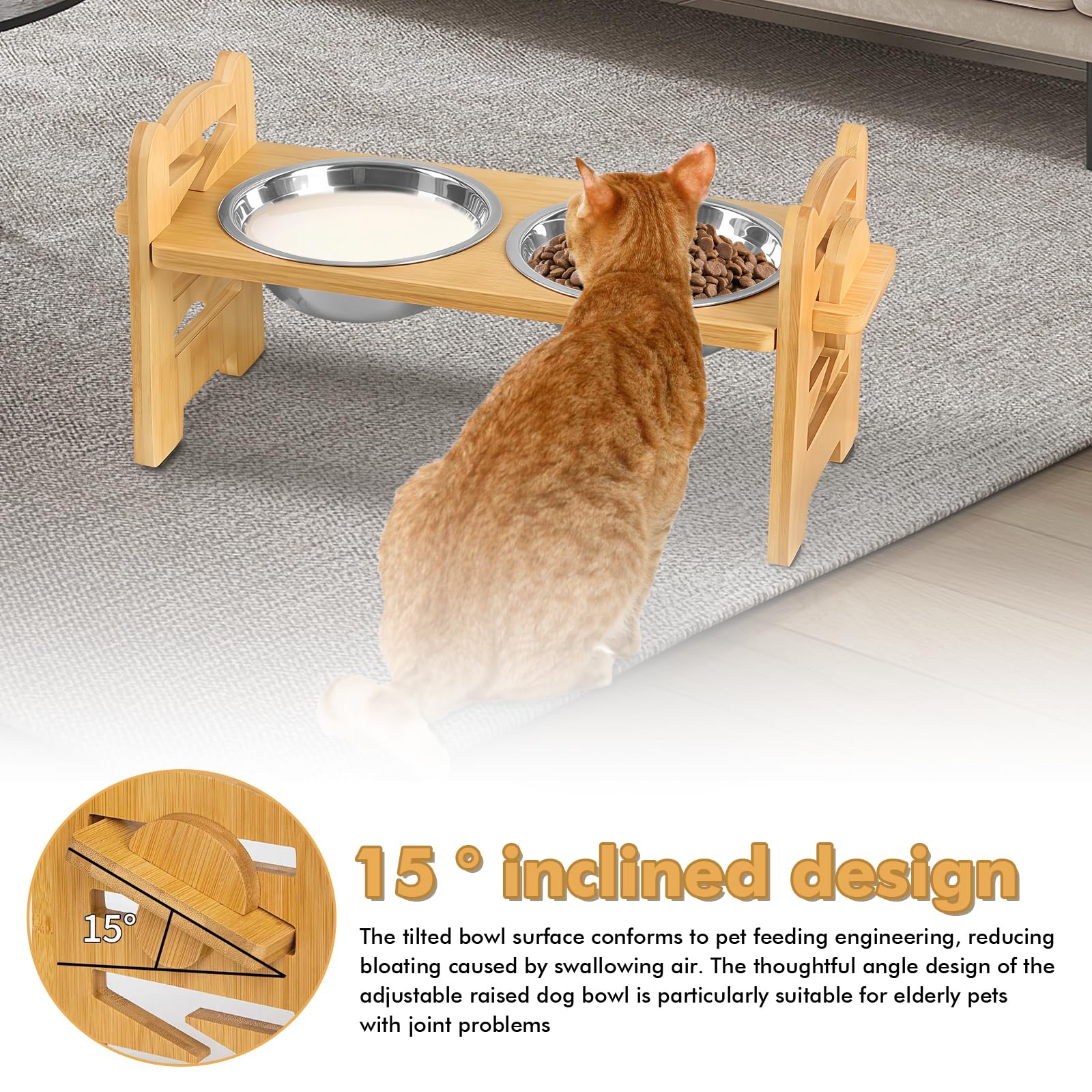 Comedero Perro Elevado para Perros con Altura Ajustable, Comedero para Perro con Soporte Antideslizante y 2 Cuencos de Acero Inoxidable, Regulable para Perros y Gatos