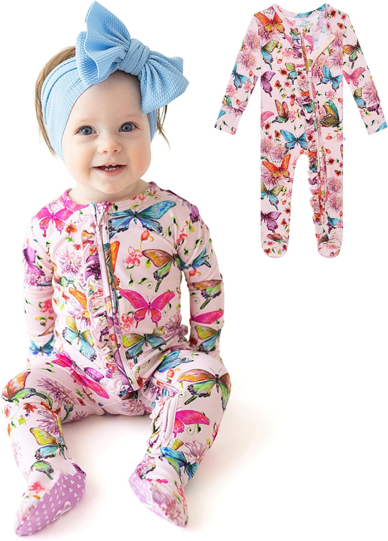 Footie Pajamas for Baby Girls โ Sleepers in Ultra-Soft Viscose from Bamboo with 2-Way Zipper & Ruffle Trim